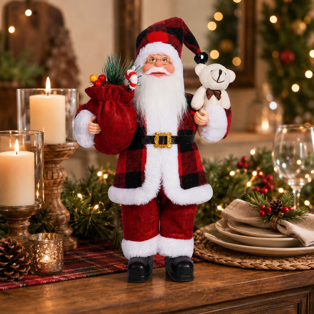 Vintage Collectible Santa - Figurka Świętego Mikołaja w czerwono-czarną kratkę